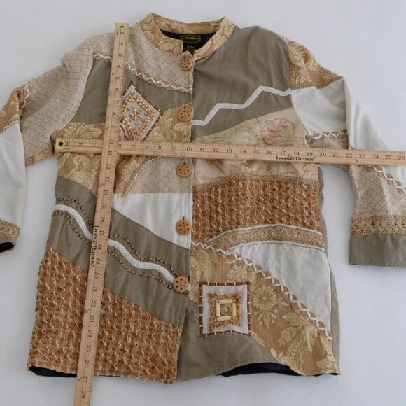 Vintage Allure Tan Cream Embroidered Floral Patchwork Beaded Button Jacket M - Picture 4 of 10